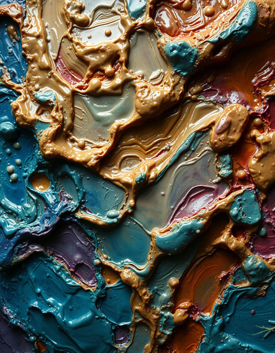 made of thick impasto oil paint, heavy 3D paint texture, glossy wet-paint highlights, palette knife strokes, surreal [color palette], studio lighting, macro detail, hyperrealistic paint texture --ar