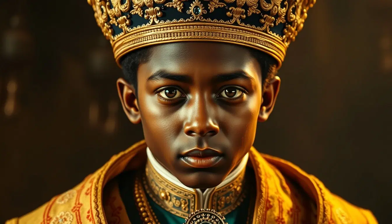 3. Portrait of young Haile Selassie in royal attire, intricate crown, solemn expression, oil-painting realism blended with cinematic lighting.