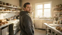 8k Realistic Image. A bakery kitchen dusted with flour, warm morning light. 8k Realistic Image is half-turned, looking back toward the camera. A single whole figure, face in view, clear of everything else in the frame.
