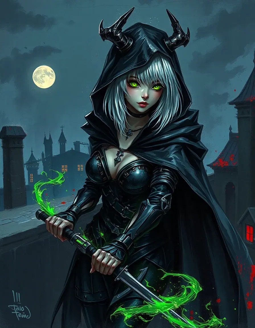 stealthy anime female assassin on a gothic rooftop at night, shoulder‑length silver hair, green eyes, black leather demonic armor, cloak, hidden blades, swirling green energy ribbons, shadow effects. neo‑expressionism style: aggressive figuration, raw brushwork, distorted anatomy, emotionally charged color, heavily worked surfaces, layered, deliberately crude, visceral impact.
