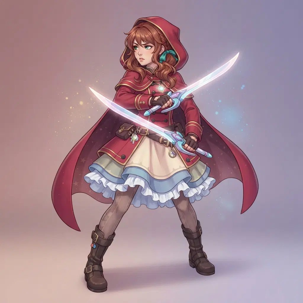 original character: a magical girl in a crimson coat with a hooded cloak and twin blades, wary sidelong glance, bittersweet pastel magical girl anime illustration, clean soft gradient studio background, vibrant, crisp high detail, digital illustration