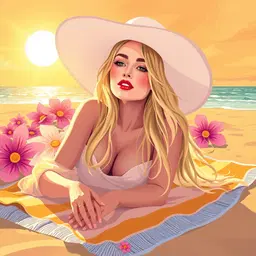 vibrant vector art style with bold crisp lines, geometric shapes, vivid gradient colors, and stylized hair that gives a sleek, luxurious appearance, rendered in a graphic illustration that emphasizes bold lines and vivid color transitions; ultra‑luminous sunny girl portrayed in a renaissance‑style fantasy scene bathed in golden sunlight, wearing a large white sun‑hat, with very long flowing blonde hair cascading over airy chiffon layers and translucent fabrics, surrounded by a radiant floral atmosphere and dreamy pastel palette, glowing soft light and magical summer glow, impressionistic floral textures and gentle motion that convey serene beauty, delicate feminine elegance, and ethereal happiness; the woman lies relaxed on a bright beach towel on a sun‑kissed shoreline, gentle waves lapping nearby and warm sand reflecting the golden light, creating a serene, happy summer moment.