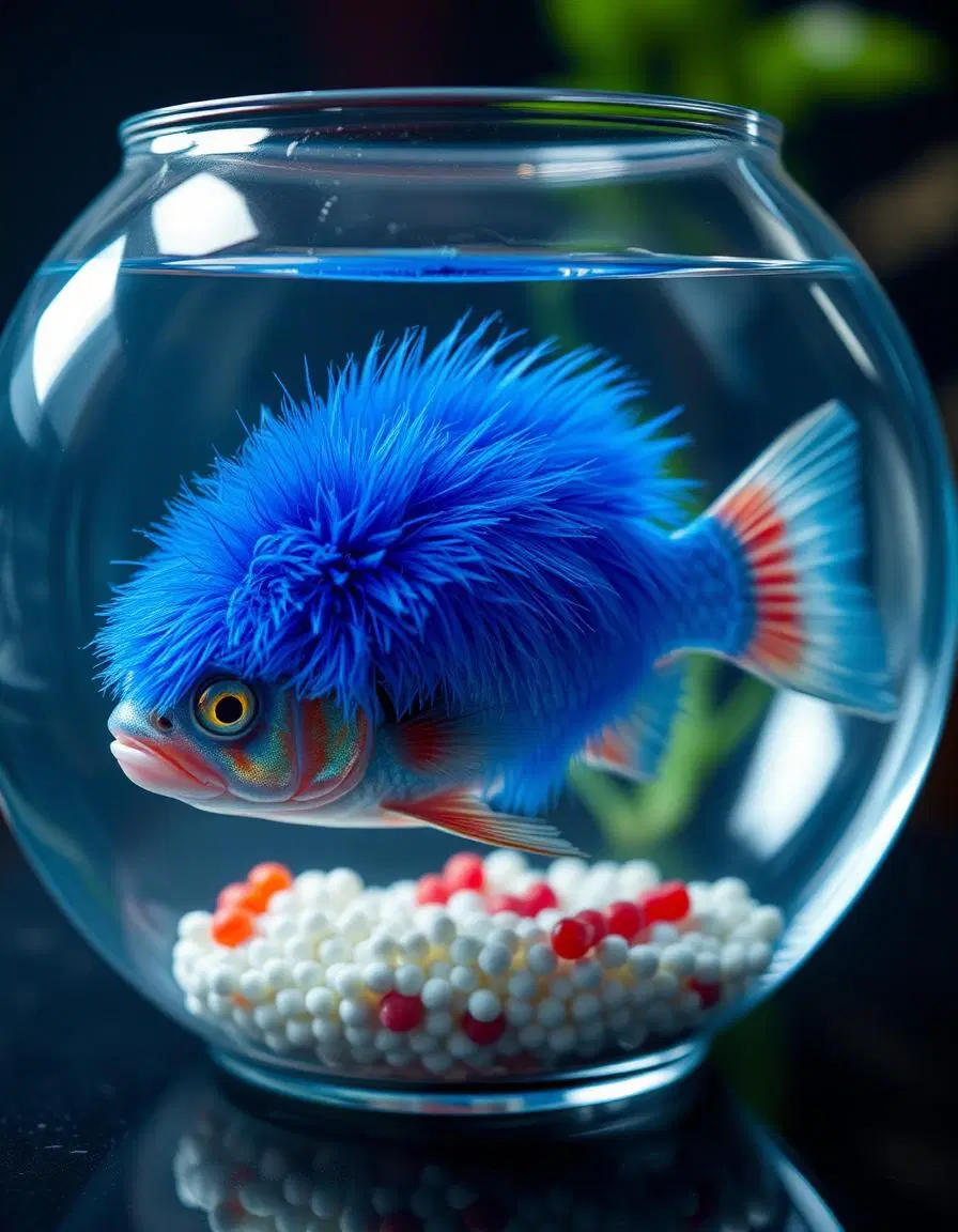 A fish covered in blue fur in a fishbowl