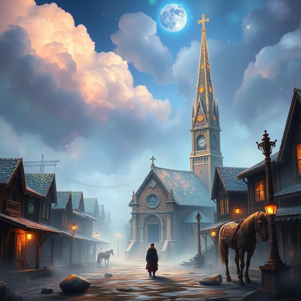 in the heart of a mystical, bejeweled mining town, a lone figure stands amidst a tapestry of twinkling, gemstone-encrusted buildings. the sky is a kaleidoscope of sapphires, emeralds, and amethysts, with clouds that shimmer like opals and block out most of the light. a delicate, rose-petal mist rises from the ground, imbuing the scene with an ethereal glow. the only sounds are the soft, melodic chimes of crystal windcatchers and the gentle whisper of the wind through a thousand tiny, gemstone-studded bells.

the church steeple, adorned with glittering, faceted diamonds and a crown of sparkling, crystal spires, stretches up into the fog, its top hidden from view. horses, their coats shimmering with a coat of iridescent, mother-of-pearl-like scales, are tied to a post, their eyes watchful but scared. the air is cold and damp, but infused with the sweet scent of exotic, gemstone-encrusted flowers. the hills in the distance are shrouded in a mist of glittering, stardust-like particles, making it hard to see where they end and the sky begins.

the overall feeling is one of enchanting, otherworldly beauty and quiet, mystical sadness. the scene is a masterful blend of fantasy and reality, a dreamlike world where the boundaries between the physical and the mystical are blurred. the art style is reminiscent of a fairy tale, with intricate, detailed illustrations and a sense of wonder and magic that draws the viewer in and refuses to let go.