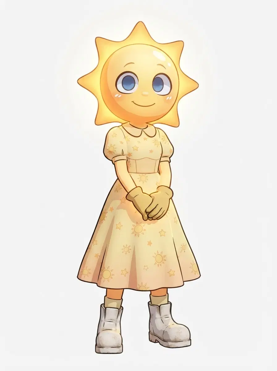 Close-up, white background, true Dandy's World toon style — bold clean linework, flat cel-shading, round golden sun-toon, bald glowing head, soft kind eyes, simple flowing dress, in the style of Dandy's World, cute 3D toon render, pastel-but-eerie colors, whimsical vending-machine world, full-body character portrait, centered, relaxed lively stance. SFW, everyone fully clothed in modest attire. Crisp detail, sharp focus, rich lighting, highly detailed