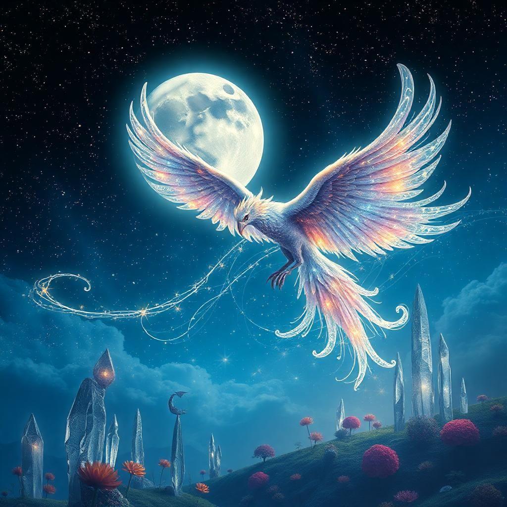In a universe of infinite possibilities, behold a majestic lunar phoenix soaring through the star-strewn sky. Its iridescent feathers glitter like moonlit rainbows, each plume a tapestry of constellations. As it flies, the celestial creature leaves trails of ethereal stardust in its wake, painting the heavens with luminescent artistry. Beneath its flight path, a whimsical land of fantastical flora and towering crystalline sculptures catches the light, shimmering in the nocturnal glow.