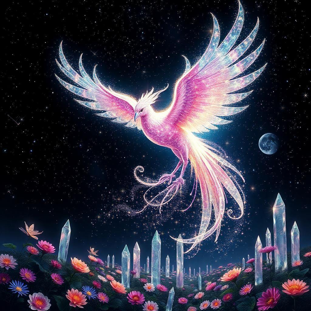 in a universe bursting with endless sparkle, envision a radiant lunar phoenix bursting forth in a kaleidoscope of starlight, its majestic form radiating an aura of divine wonder. iridescent feathers explode in a majestic display of twinkling colors, each delicate plume embellished with a million shimmering stars that dance like diamonds against the velvet blackness. as it soars, the celestial creature trails a dazzling path of glittering stardust, crafting an ever-changing tapestry of luminescent artistry that hypnotizes and astounds. below its wingbeats, a mystical landscape of fantastical flowers unfurls, their petals shimmering in a mesmerizing array of colors – amethyst, sapphire, emerald – as they sway gently in the nocturnal breeze. towering crystalline spires rise like shards of splintered moonbeams, refracting prismatic hues across the land, as faeries and sprites dash about with glee, scattering stardust and laughter in the lunar phoenix's wake. sparkling, shimmering, shining – the entire scene is bathed in a profusion of whimsical wonder that defies the boundaries of reality, and beckons all to bask in the pure, unadulterated magic of this shimmering, star-kissed world.