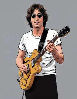 PopGuitarist is a male biped pop‑art stylized musician with medium‑length wavy brown hair, round dark sunglasses, and a light stubble framing an open‑mouthed expression. He wears a white crew‑neck t‑shirt emblazoned with red “NEW YORK” lettering, black trousers, and a black guitar strap, and his skin is rendered in halftone dot shading. In his hands he grips a hollow‑body electric guitar with f‑holes, chrome hardware and a six‑string fretboard, his elongated torso and exaggeratedly large hands giving the figure a dynamic, contrapposto stance.