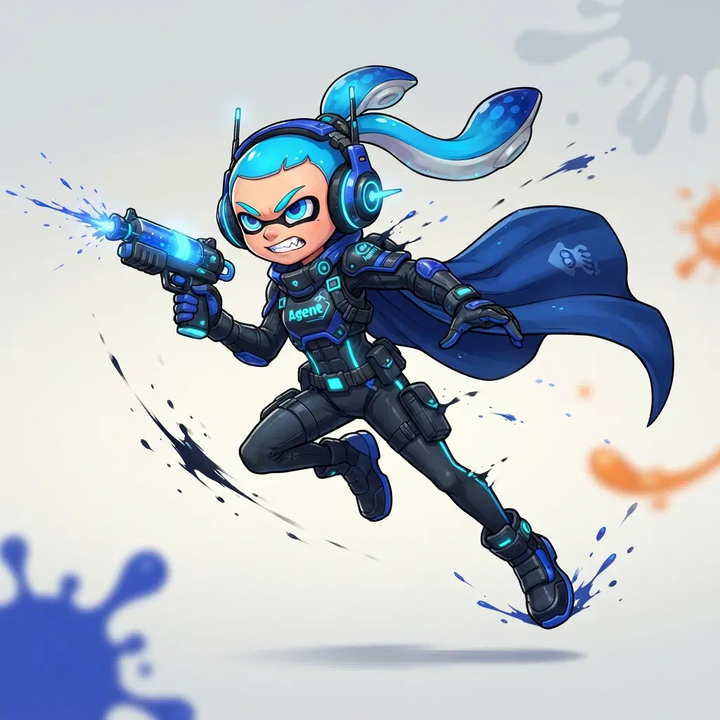 Splatoon game style secret agent inkling OC with hero headset and cape, Nintendo Splatoon official art style, dramatic pose, clean background