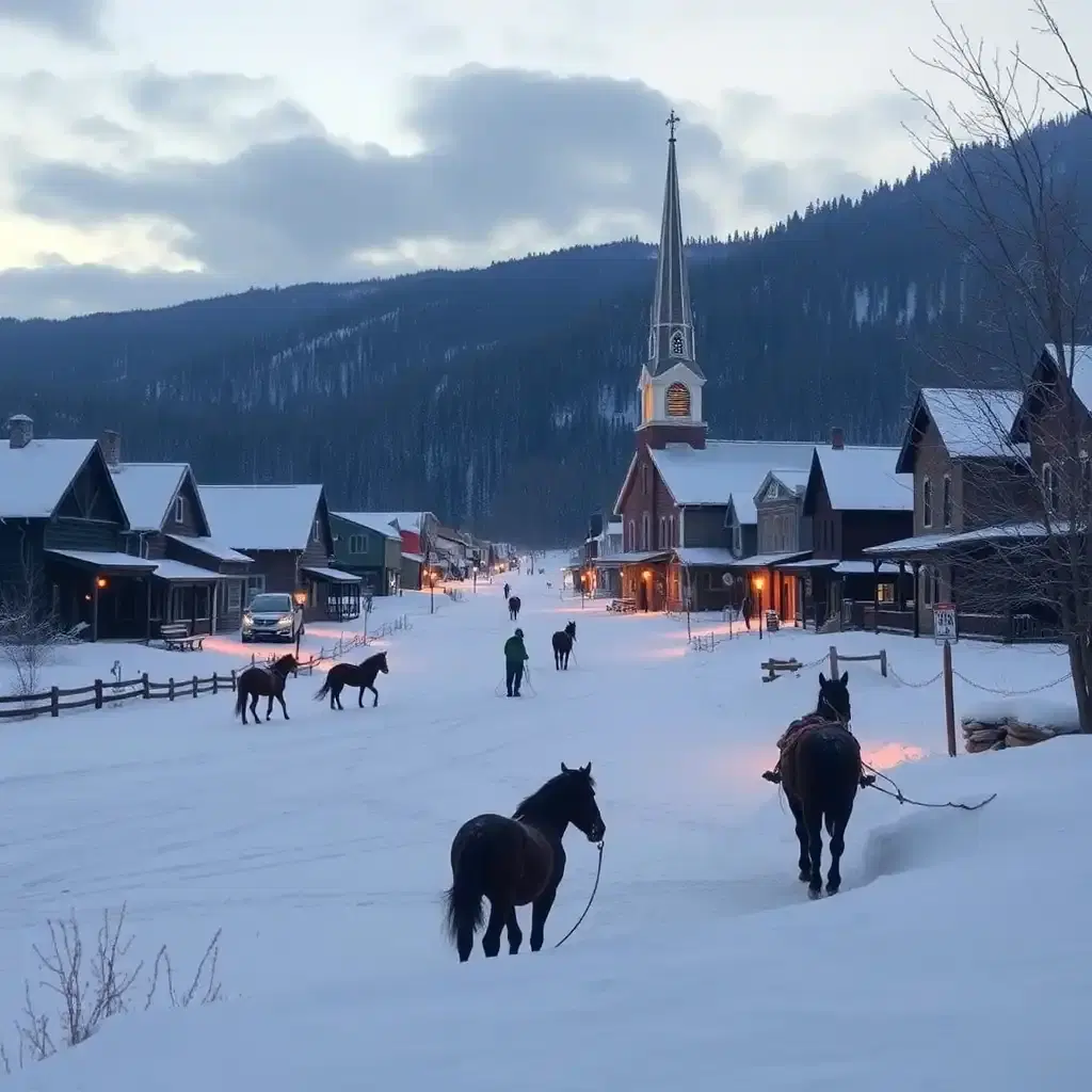 in a wintery town, snow blankets the 1880s mining remnants, softening their tales. the deserted streets echo with silent whispers, the church steeple stands sentinel amid the snow-laden roofs. ghostly horses graze, their breath dancing in the icy air, guarding secrets buried beneath frost. a dreamlike dusk whispers of epiphanies waiting to thaw.