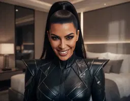 kim kardashian, famous pop star, depicted in an intimate close‑up cinematic scene inside a stylish modern bedroom, wearing a sleek, dark‑themed costume with sharp angular lines, glossy black leather accents, and subtle metallic detailing; her expression is an intense, mischievous evil smile, eyes glinting with confident fire, hair pulled back into a dramatic high‑ponytail that frames her striking facial features; soft ambient lighting casts dramatic shadows across her flawless skin, highlighting the texture of the costume and creating a moody, movie‑like atmosphere.