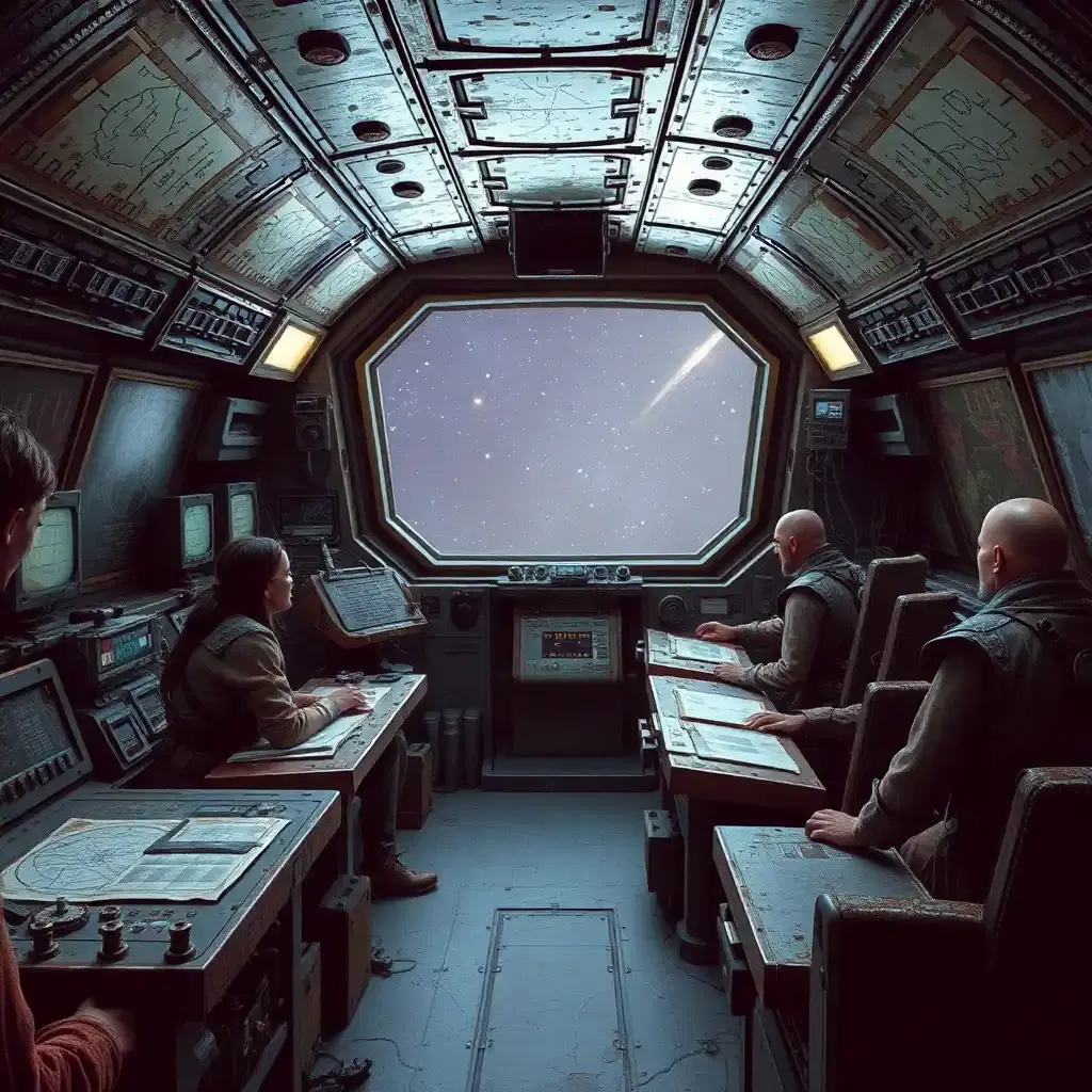 Inside the control room of a space pirate ship, the atmosphere is tense and chaotic. Pirate crew members, wearing a mix of tattered clothing and armored gear, work at various stations, monitoring star charts and tracking enemy ships. The control panels are old and worn, with flickering lights and patched-up machinery. Through the large viewport, the vastness of space can be seen, with distant stars and passing comets. The ship's interior is filled with rough, utilitarian furnishings, and the hum of the ship’s engines is constant in the background.