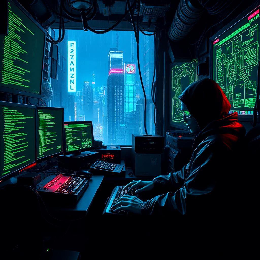 A cyberpunk hacker’s lair deep within the neon jungle of a futuristic city. The room is dimly lit by glowing monitors filled with lines of green code and schematics of corporate security networks. A masked figure sits hunched over a mechanical keyboard, fingers dancing across the keys as they breach a high-security firewall. Wires snake across the cluttered workspace, connecting to advanced decryption modules and stolen AI cores. The only sound is the quiet hum of cooling fans and the occasional burst of static from a nearby police scanner. Outside, the city pulses with life—neon lights flickering in the rain, shadowy figures exchanging illicit data on the streets below, and corporate enforcers searching for the faceless hacker responsible for the latest breach.