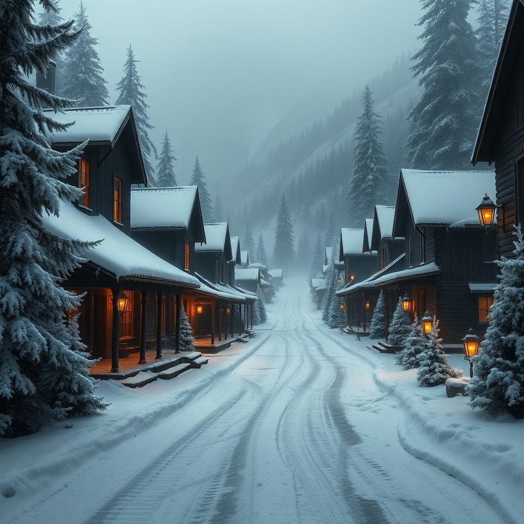 imagine an ancient, snow-encrusted mining town from the 1880s, blanketed in an eerie silence. icy tendrils of greenery – frosted ferns, stalwart spruces, and huddled hawthorns – wrap around weathered mines, cabins, and streets, as if nature is reclaiming its frozen hold.

flickering candlelit lanterns from below cast ghostly shadows, making the once-thriving town seem abandoned, its wooden facades now spectral silhouettes. the main street, snowcrest avenue, is shrouded in a fine, cobweb-like frosting of snow, with only the occasional, flickering flame to pierce the gloom.

whispers of the departed souls linger, an otherworldly breeze rustling through the powdered streets, borne on the distant rumble of frozen thunder in the towering mountains, far above the fog-shrouded valley. 

explore this wintry realm, where the darkness gives way to a chilling grin, a mixture of spook and mystery that always ends in a gasp of surprise – and the sound of your own laughter echoing through the quiet streets, the surprise and trepidation momentarily silencing, as you step into the shadow's icy grip, your heart slowed, the chill becoming almost comfortable.