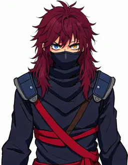 character portrait of male, a ninja in a dark hooded outfit with a face wrap, shoulder guards and a red sash, waist-up, facing the viewer, fully clothed, Messy burgundy, heterochromatic eyes, in the style of One Piece, faithful to its official art style, vivid saturated colors, head and shoulders, facing forward, plain flat white background