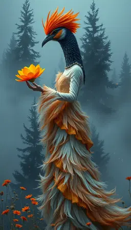 dancing bird‑faced woman holding a molten glass flower, forest of trembling feather trees, luminous bright orange cosmos flowers, dress of layered fabrics with frayed iridescent edges, misty feather forest at dusk, tall dark evergreen silhouettes fading into cool blue‑gray fog, light filtering through mist, floating golden dust particles, surreal masterpiece, mood of final calm: terminal serenity, evenly lit, gently fading, colors softened to pale blues, off‑whites, silvers, minimal motion, ceremonial quiet, featuring a more attractive, regal bird head with orange feathers.