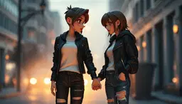 image 1 is raelyng. raelyng: human female with an urban youth archetype style. she has an asymmetrical undercut hairstyle, a sharp angular jawline, and heavy eyeliner. she wears a black lambskin leather jacket with gold zipper accents, a white crew‑neck t‑shirt, distressed black baggy distressed style jeans, and dark high‑top converse black and white canvas high top sneakers. she also sports double‑gauge hoop earrings and carries herself with a forward momentum. image 2 is girlfriend. girlfriend: white woman human with a stylized anime aesthetic, featuring shoulder length messy brown hair and large, expressive dark brown eyes. she wears a black pull‑over fleece hoodie over a white t‑shirt, paired with blue distressed jeans with a ripped hem. visible ear piercings and a relaxed posture complete her casual lounge‑around attire. scene: raelyng and girlfriend stand close together in a softly lit urban street at dusk, holding hands. their bodies lean toward each other, eyes locked in a romantic gaze as if they are the only two people in the world. raelyng’s forward‑momentum stance contrasts with girlfriend’s relaxed posture, yet their fingertips interlock tightly. light from a nearby streetlamp catches the gold zipper accents on raelyng’s jacket and highlights the shimmer of girlfriend’s ear piercings, casting a warm glow around the couple. the background shows blurred city silhouettes and gentle street‑level fog, emphasizing the intimate connection between the two characters. --style stop‑motion claymation, tactile texture, soft shadows, warm studio lighting.