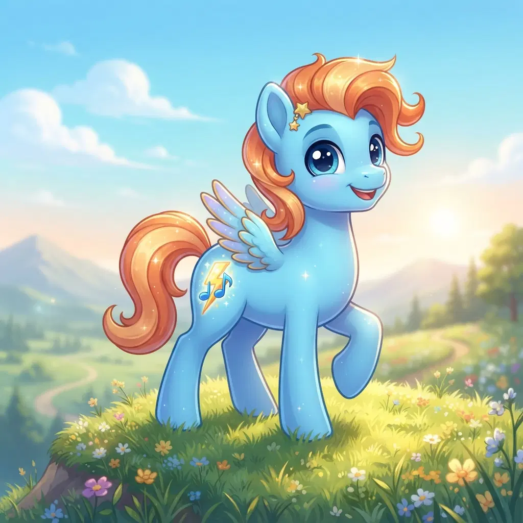 cute pastel cartoon pony stallion with big eyes, sky blue coat, two-tone orange and gold mane and tail, tiny wings, a lightning bolt and music note mark on his flank, glossy cartoon style, sunny hilltop
