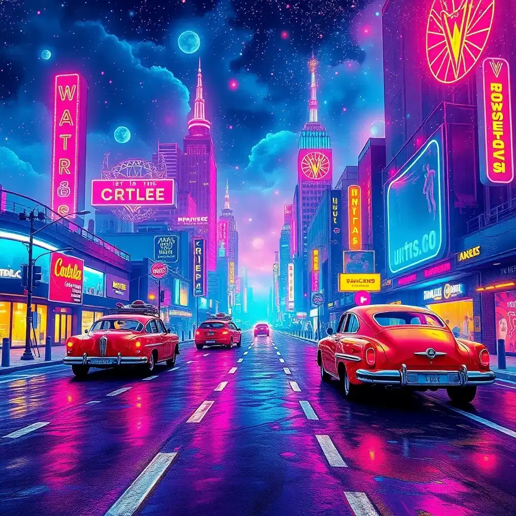 imagine a dazzling retro-futuristic cityscape, where fiery neon lights dance like diamonds in the sky and retro automobiles levitate with magical precision above roads paved with glimmering gemstones. the air shimmers with electric pulses, set against a kaleidoscope of vibrant colors that blend pop art's playful whimsy and futurism's cutting-edge wonder, making one want to touch and taste the world where the past and future sparkle in perfect harmony.
