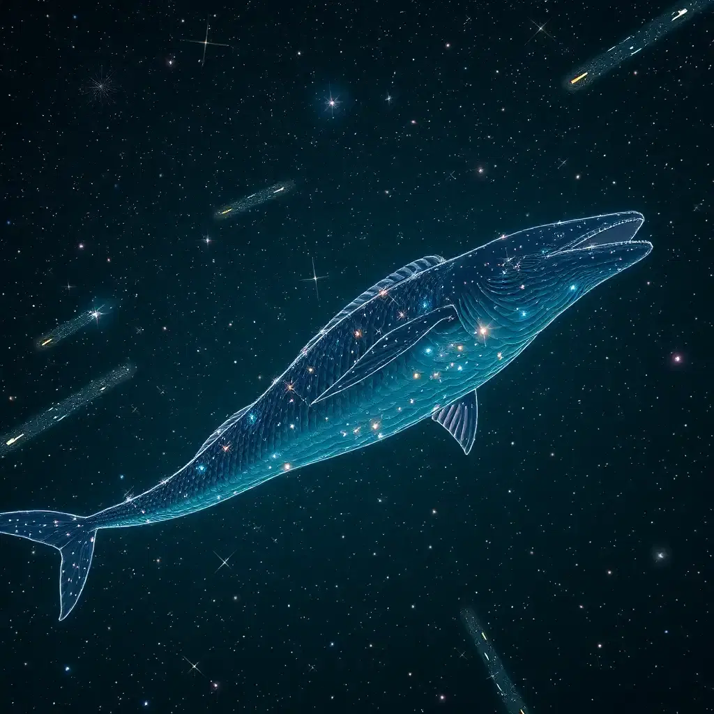 Amid a scintillating meteor shower, an ethereal leviathan emerges from a shimmering sea of stars. With scales as dark as the void and fins that flicker with rainbow luminescence, it glides through space with graceful majesty. Stars bow to its passage, illuminating the universe in fleeting moments of brilliance. As the leviathan sings, its haunting melody transcends the bounds of reality itself.