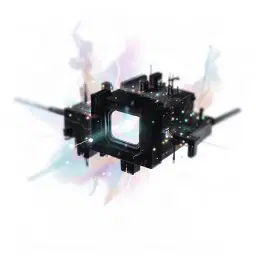 a black abstract blocky spaceship with a large central window, surrounded by tiny structures and wisps of smoke, rendered in an ethereal macro style: delicate, glowing details like luminous particles and soft, dreamlike light, with a shallow depth‑of‑field that magnifies the ship’s bold lines against a pristine white background, thick brush‑like strokes and pastel‑toned highlights giving the scene a surreal, almost microscopic feel.