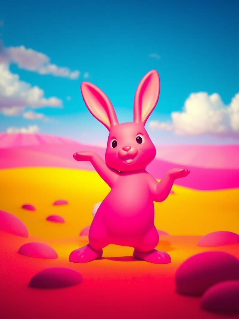 A bright pink rabbit figure, posed playfully in a bold landscape, lit from above by a vibrant glow, with the horizon line highlighted in bright colors, soft shadows and rounded details, surrounded by hot pink, lime green, and yellow, with a cobalt blue sky and fluffy white clouds, and empty space around the rabbit to emphasize its fun and lively form and energetic pose.

Note: I've applied the 'Colors' aesthetic to the original prompt, replacing the dark environment and unnatural glow with a bright and bold landscape, and vibrant colors like hot pink, lime green, and yellow to create a lively and playful image. I've kept the image PG-13 by using simple and fun elements.