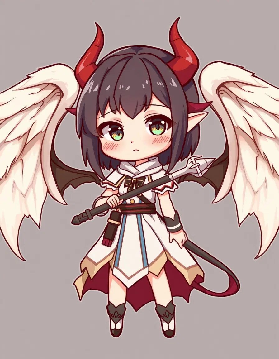 Simple female chibi warrior with both angel wings and demon horns