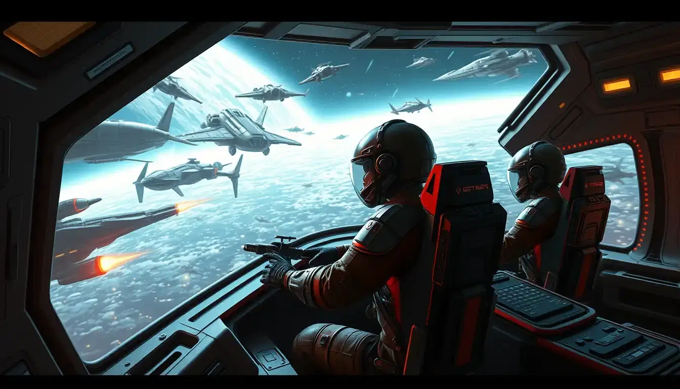 A Sci-Fi Spaceship crew, photo realistic. They are fighting in a battle against enemy spaceships. They are inside their spaceship and operating the weapon systems.