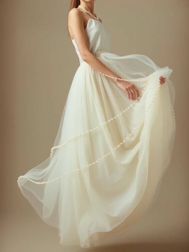 "A simple, elegant bride wears a flowing pearl wedding dress with a ghostly duplicate outline. The dress has two layers, one close to the body and the other floating around it, made of soft, beige pearl strands. The bride and her dress are tilted, as if floating upwards. The strands swirl around her in a gentle, diagonal flow, giving a sense of calm movement. The colors are soft and muted, with warm beiges, subtle grays, and creamy whites, creating a serene and timeless atmosphere."