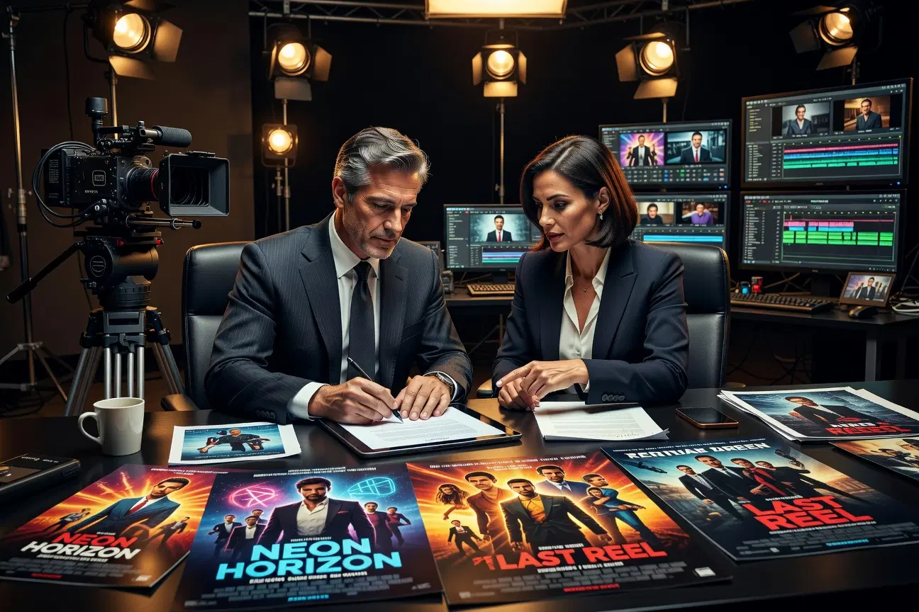two film industry professionals reviewing movie posters and signing a film distribution deal on a tablet, cinematic studio environment with cameras, lights, and editing monitors, warm dramatic lighting, professional film business atmosphere, suitable for movie industry marketing poster