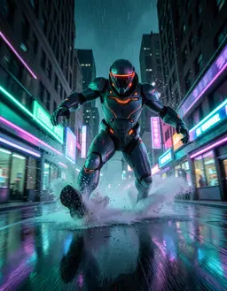 spuma android, a colossal robot, crashes down onto the rain‑slick city street with a resonant metallic thud, scattering shimmering droplets that fan outward, then instantly pivots forward and bursts into a fierce sprint away from the camera down the neon‑bathed avenue. the low‑angle wide shot captures the giant’s legs kicking up spray as it accelerates toward the vanishing point between towering silhouettes, while the surrounding cyan‑green‑purple neon rings dissolve into elongated horizontal light trails that streak across the frame, blurring into a vivid motion‑blur aura that follows the robot’s rapid escape.