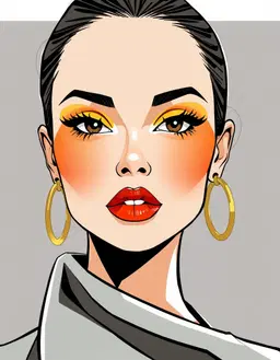 fashion model face illustration focusing on a stylized model’s face with almond‑shaped eyes accentuated by glossy black winged eyeliner, bright yellow eyeshadow, and vibrant red‑orange lips; matte skin rendered with precise single‑line hatching and pure cel shading to convey smooth texture and subtle depth. the full‑body composition extends the stylized aesthetic, portraying the model’s entire figure in a sleek, fashion‑forward pose, wearing a contemporary outfit that complements the vivid facial colors, with clean lines, bold silhouettes, and elegant accessories, all depicted in the same single‑line hatching and cel‑shaded style for cohesive visual harmony.
