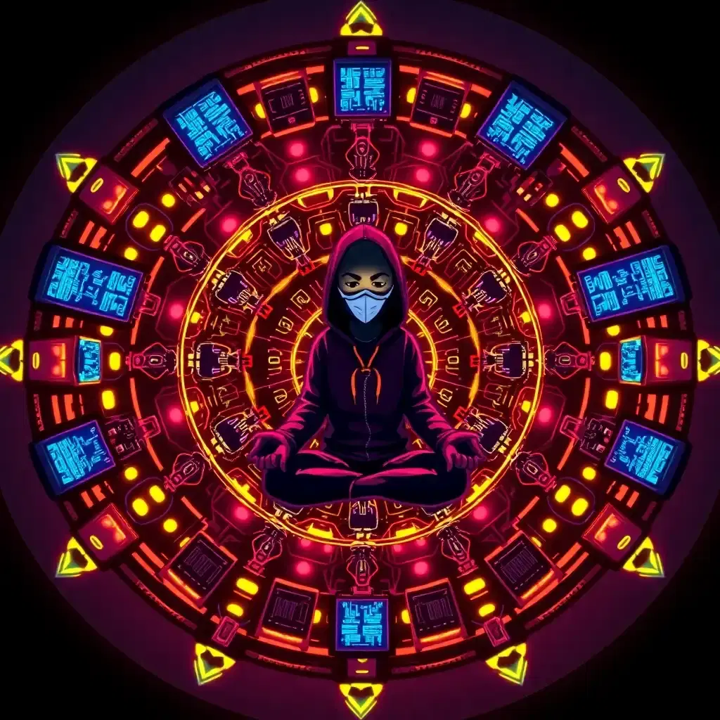 a detailed mandala pattern depicting a claymation cyberpunk hacker's arcade den, where glowing 8-bit monitors displaying primary color code and pixel art schematics form the intricate geometric design.  the central focus is a masked figure meditating, their thumbs subtly forming the mandala's core, surrounded by radiating wires, circuit boards, and retro-fitted analog components.  the vibrant, neon-hued digital city outside pulses with 8-bit life in the mandala's outer ring, completing the intricate, symmetrical design.
