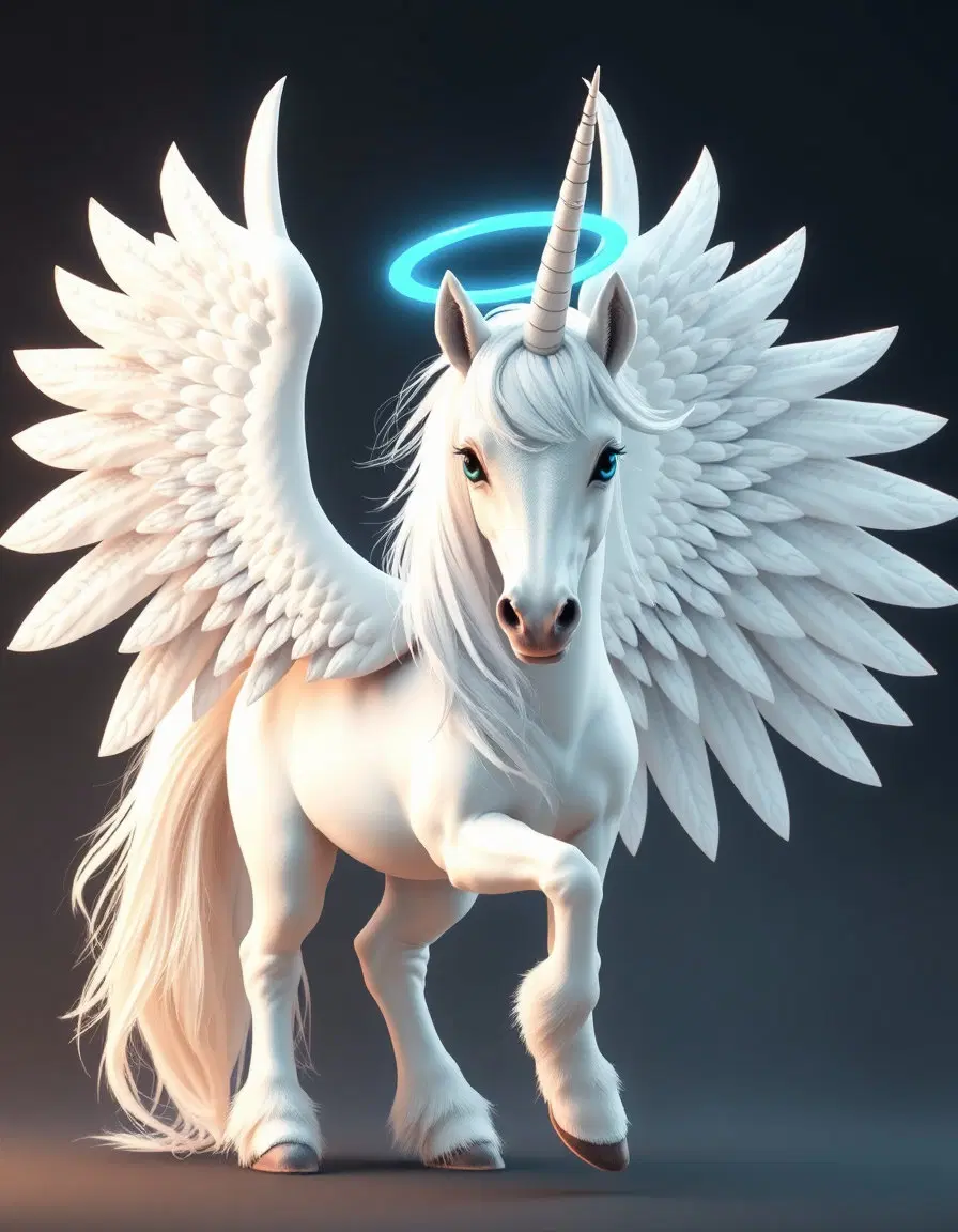 Mlp Angel white pony with oversized exaggerated long white wings a long white horn and blue eyes white mane angel pony innocent named Angel soft Wings non binary blue halo cutie mark white horse with oversized wings