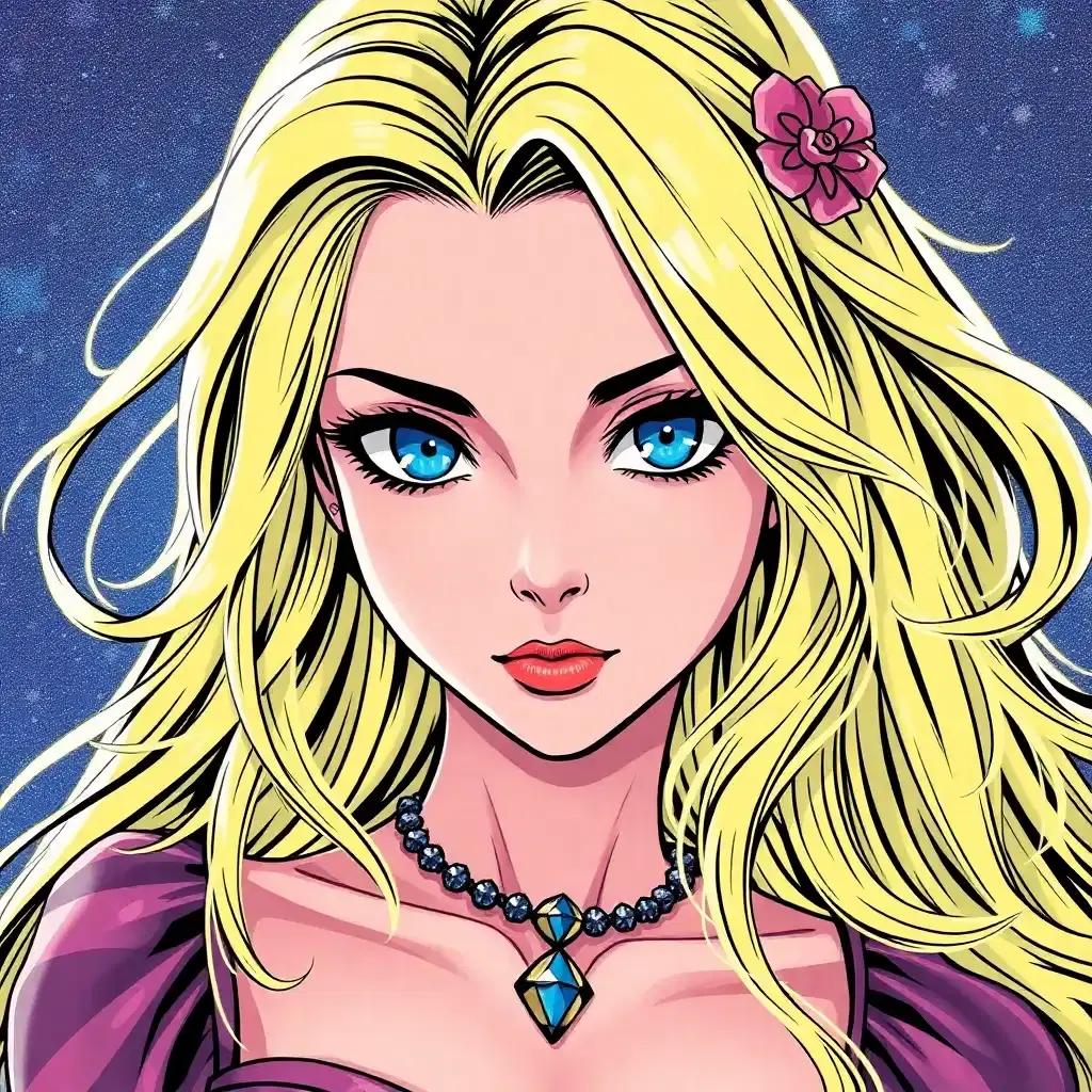 Create a spellbinding femme anime character, adorned with cascading locks of blonde hair and entrancing blue eyes, reminiscent of a fairy tale enchantress. Immerse her in a vibrant, vintage comic book universe, where each detail pops with color and precision that blurs the lines between fantasy and reality.