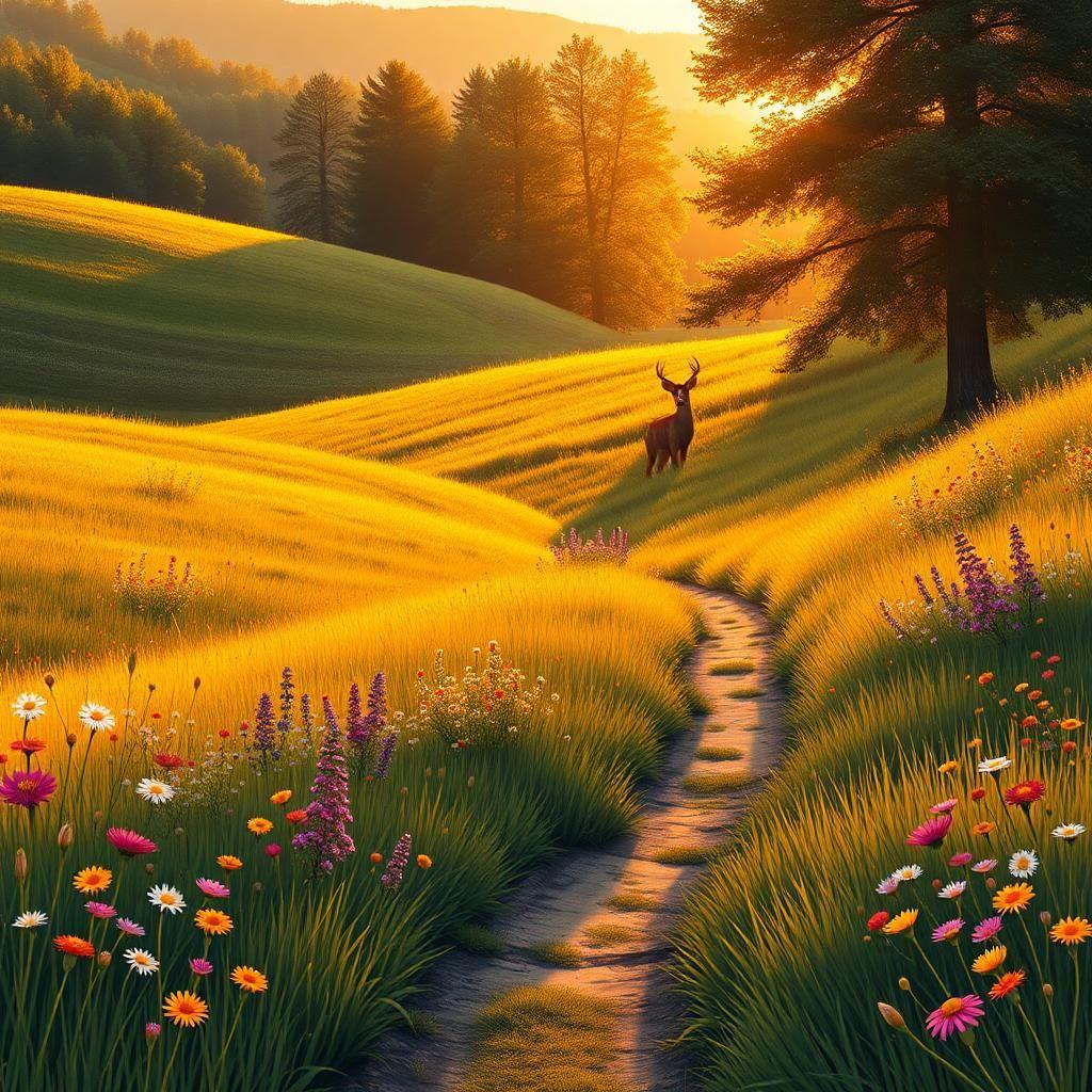 A tranquil meadow bathed in the golden glow of late afternoon light. Wildflowers of every color sway in the gentle breeze, and a narrow dirt path winds through the rolling hills. A lone deer stands at the edge of the trees, its ears twitching as it watches the horizon. The scene is peaceful, a perfect moment frozen in time, in a comic strip for kids style