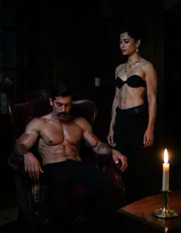 TONY sits in a luxurious chair, its deep velvet softened by the dim, shadowy light of the room. The atmosphere is dark and moody, with faint glimmers of muted candlelight reflecting off the polished wood, casting subtle highlights on his posture as he leans slightly forward, eyes half‑closed in contemplation. Beside him, Reshu stands in the gloom, arms relaxed at his sides, head turned slightly toward the candlelight, observing the scene with a quiet gaze. The surrounding space is barely visible, engulfed in gloom, emphasizing the contrast between the plush chair and the surrounding darkness.