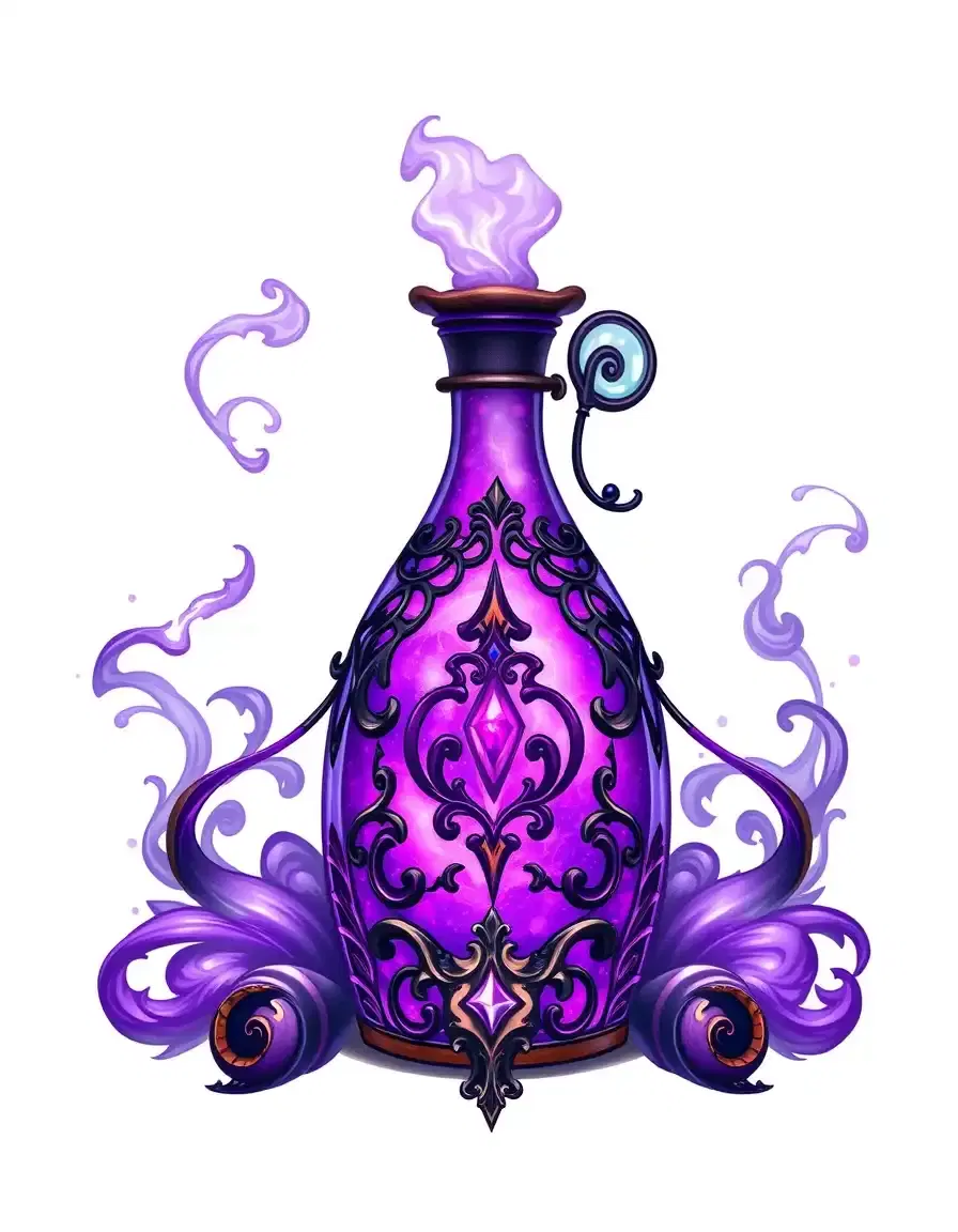 purple magic elixir, swirling mystical mist -, intricate fantasy potion bottle, ornate glasswork, glowing liquid, swirling magical particles, luminous glow, ultra detailed, vibrant colors, high fantasy illustration, crisp edges, sticker-like composition, isolated on pure white background, no shadow, no environment, centered, ultra high resolution, no text, no watermark