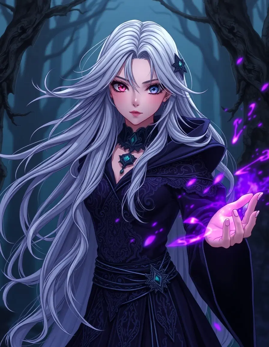 The Magical Fantasy
Prompt: "Anime-style portrait of a sorceress with long flowing silver hair, heterochromia eyes (one red, one blue), wearing intricate black robes, casting a glowing purple magic spell, dark enchanted forest backdrop, cinematic lighting, 8k, highly detailed."
Scenario: A powerful sorceress in her domain