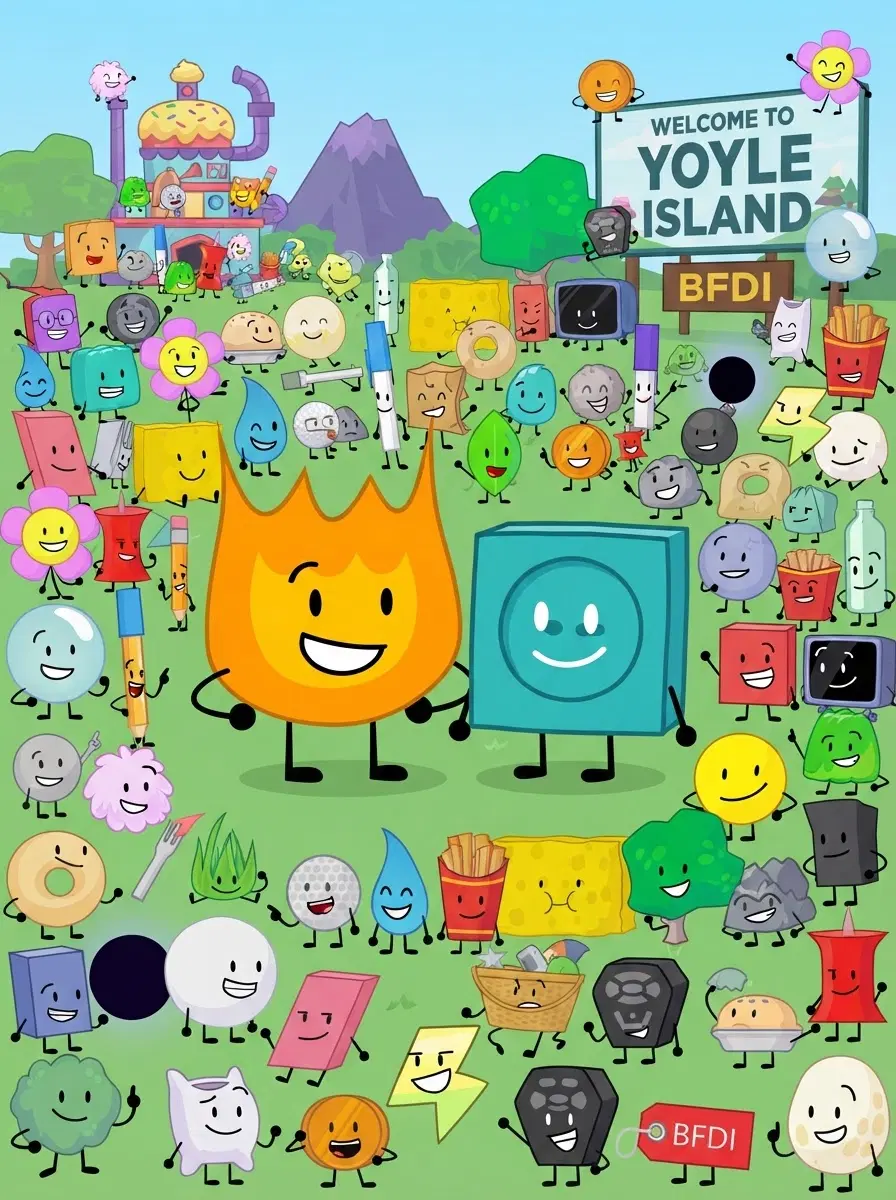 Firey from bfdi (Battle for dream island) and add Firey and for the background and a lot of characters and from BFDI and Liy from bfdi