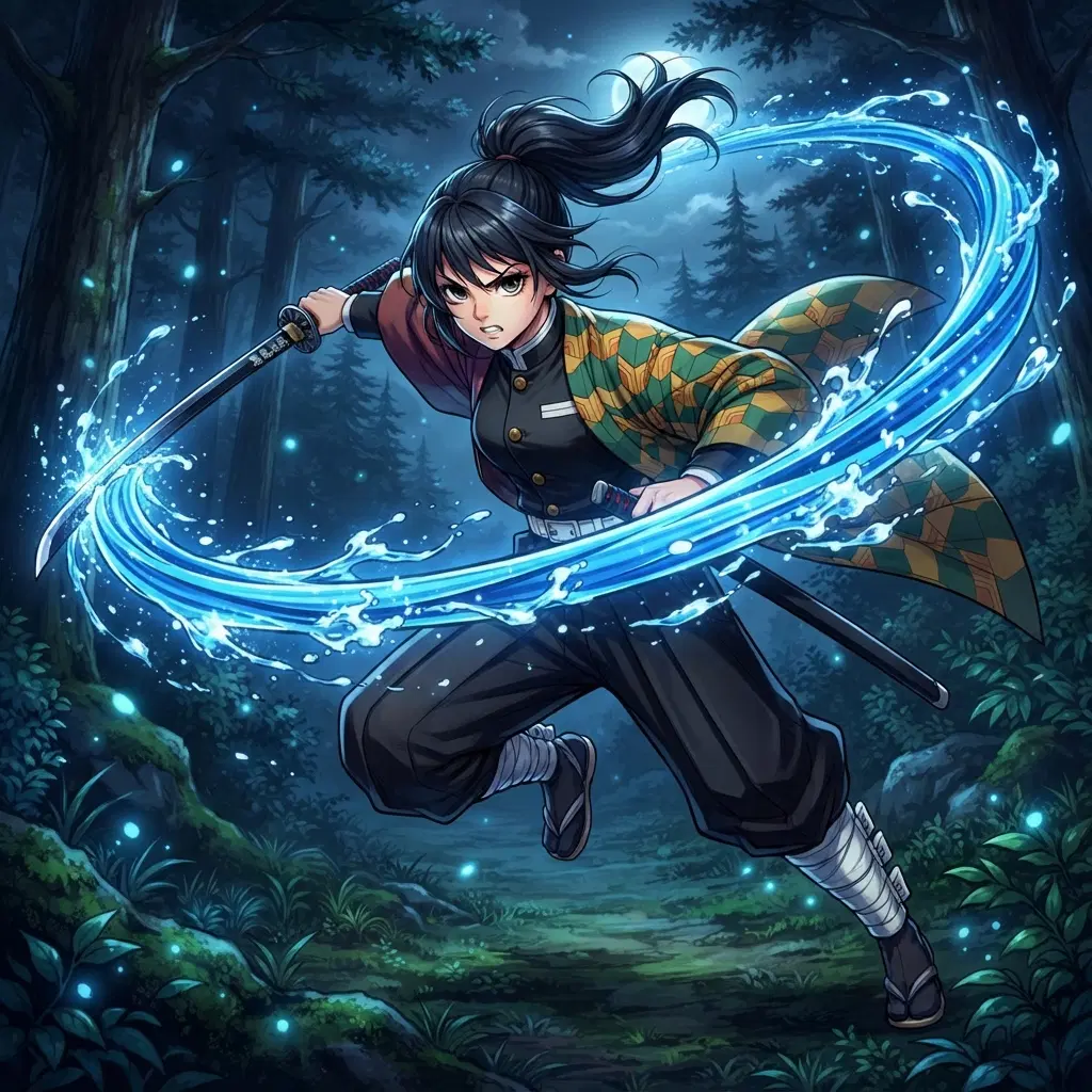 anime swordswoman in a dark Taisho-era uniform with a long checkered green and gold haori, katana drawn, swirling blue water-like energy trailing the blade, night forest, dynamic pose, full body