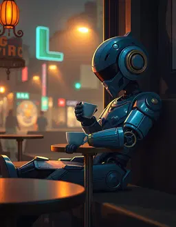 a cinematic composition featuring a stylish humanoid robot lounging in a quiet, softly illuminated cafe, depicted in a medium‑shot with a slight low‑to‑high camera angle that captures the relaxed “eh, whatever” body language. the robot, rendered in chibi mature anime style with detailed 2d linework, soft cel shading, and spriggan‑inspired mechanical design, rests with its arm on a small table, sipping motor oil from a tiny espresso cup, while glossy blue candy‑finished armor gleams in the ambient light. the scene is bathed in a realistic dark fantasy atmosphere: muted earthy tones dominate the background, punctuated by lighter highlights that create dramatic shadows, enhancing contrast. soft directional lighting casts gentle beams across the robot’s metallic surfaces, producing subtle reflections and depth. the environment carries a faint fog and hazy neon glow from distant streetlights, adding a touch of urban mystique. color grading leans toward a teal‑orange mix with warm gold accents, giving the image a rich, cinematic mood. the camera uses a moderate f/2.8 aperture, iso 400, and a 50mm lens to capture crisp details while maintaining a shallow depth of field, ensuring the robot’s elegant, refined demeanor remains the focal point of this digital painting.