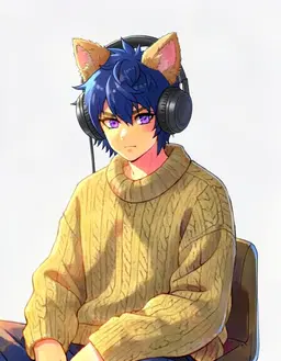 character portrait of male, a nekomimi catgirl with cat ears and a long tail, fully clothed, deep blue hair, messy, shaggy laye hair like a wolf cut, bright violet eyes, a fair complexion, cat ears, big headphones, cosy and soft, in the style of Fortnite, faithful to its official art style, vivid saturated colors, head and shoulders, facing forward, plain flat white background