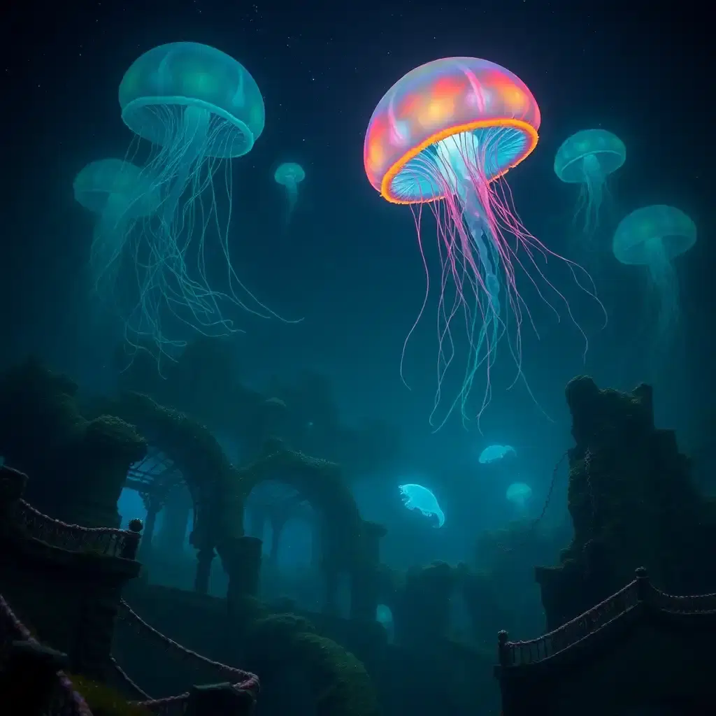 A mystical deep-sea realm untouched by humanity, where colossal bioluminescent creatures drift through the eternal darkness. Massive jellyfish pulse with neon colors, their tendrils stretching for miles. Ancient, submerged ruins hint at a lost civilization, their structures encrusted with coral and glowing moss. Strange, anglerfish-like predators cast eerie blue-green lights as they stalk their prey. The water is thick with tiny, glowing particles, creating an atmosphere of otherworldly wonder. The deeper one goes, the more surreal the world becomes, with creatures and landscapes that defy the imagination.