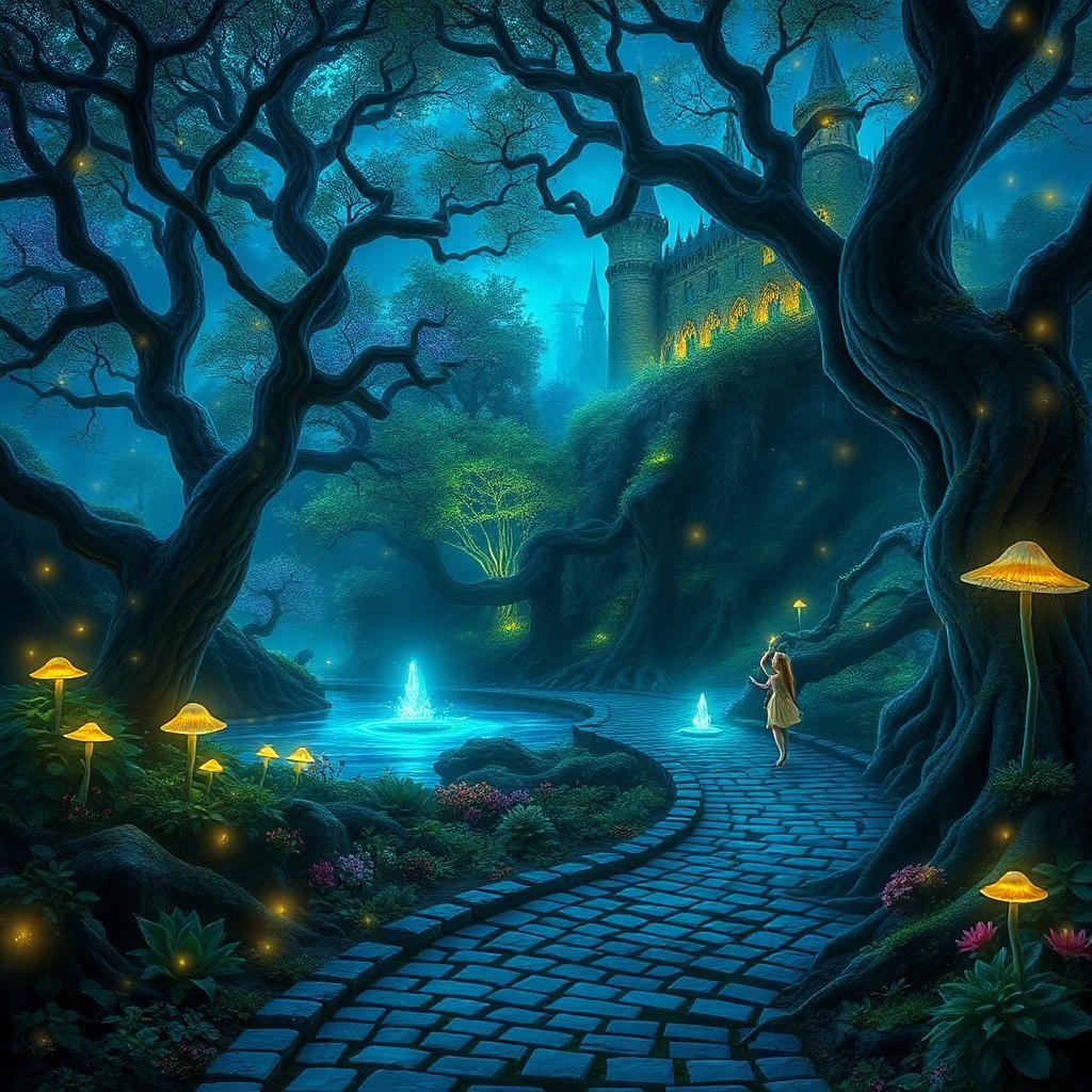 A breathtaking enchanted forest bathed in the soft glow of bioluminescent plants and floating will-o'-the-wisps. Towering ancient trees with twisted, gnarled roots reach toward the sky, their leaves shimmering in shades of blue, purple, and emerald green. A winding cobblestone path leads deeper into the forest, where hidden among the thick foliage lies a crystal-clear pond that reflects the ethereal light. Glowing mushrooms sprout from tree trunks, and delicate fairies with iridescent wings dart between the flowers. The air is thick with golden dust motes that swirl like magic, and in the distance, the outline of a grand, vine-covered castle looms, half-forgotten by time.