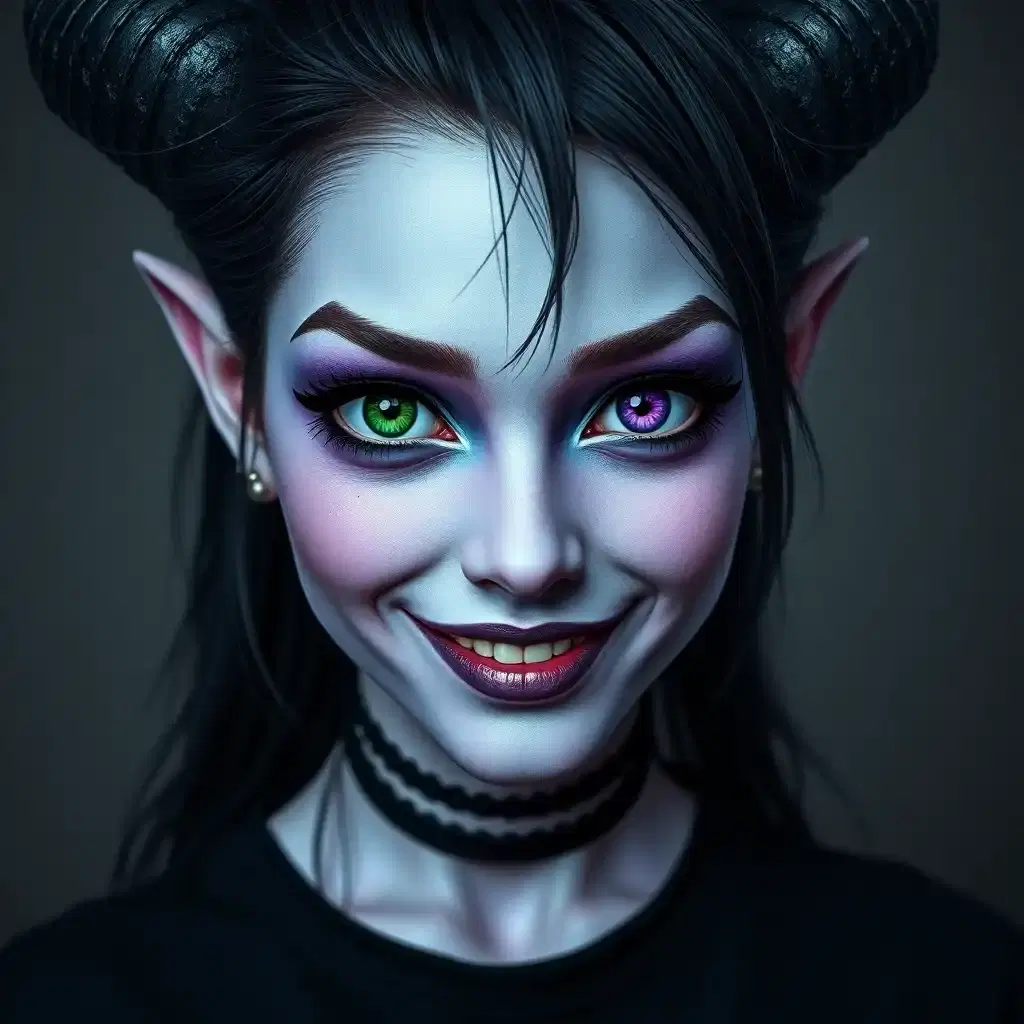 gothic imp. female. messy black hair. black eye makeup. heterochromia - green left eye + dark purple right eye. wearing choker. (black skull shirt).((light purple skin demon)) horns. Demon, light purple color skin 2.3, detailed, photorealistic, smiling, beautiful, multiple many eyes