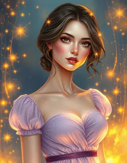 germanic lady with dark dishwater‑blonde low‑back‑length hair, hazel eyes flecked with amber starburst, chiseled features, fair skin, light‑mauve lip gloss, wearing a pale lilac ruched sheer floor‑length dress with a plum ribbon belt under the bust and short ruched sleeves, rendered in a luminous fantasy art style that glows with ethereal light, soft dreamlike atmosphere, vibrant golden hues against deep blues, intricate delicate textures, smooth flowing lines, gentle shimmering highlights, magical‑realism inspired composition with subtle shadows, impressionistic influences, capturing wonder and mystery.