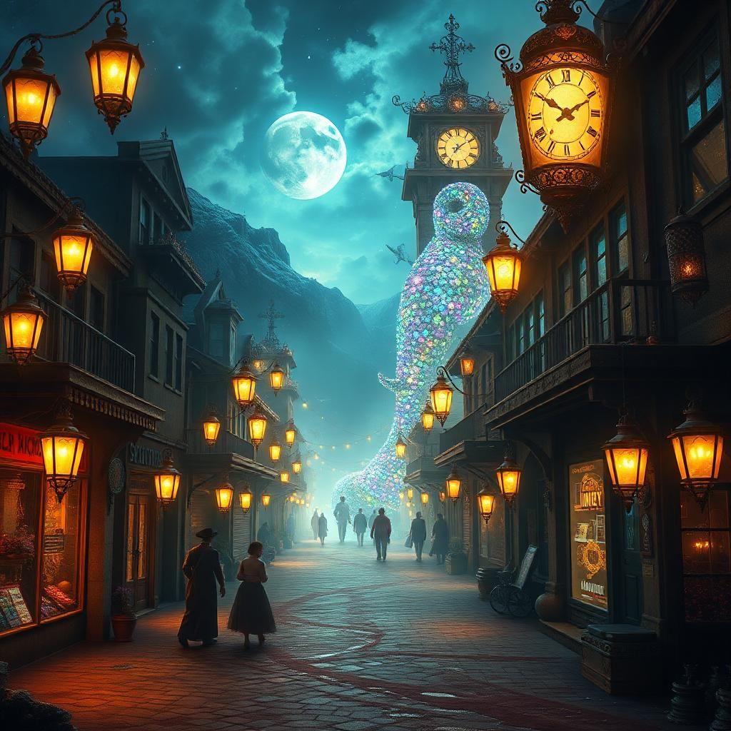 in a resplendent 1880s mining town, ablaze with diamonds, rubies, and sapphires, the world is a kaleidoscope of glittering illusions that shimmer and dance along imperceptible lines between the mortal realm and the realm of the spectral. dazzlingly bejeweled, crystal lanterns suspended from outstretched arms of ancient clock towers reflect a thousand brilliant colors onto the dusty cobblestones, where rays of moonlight and stardust mingle with the auroral glow of a thousand lanterns, imbuing the very air with an otherworldly essence.

in the town square, a colossal statue of a mythical creature is cloaked in a vast tapestry of emeralds, amethysts, and lapis lazuli, its eyes aglow with an ethereal light. as cobalt-hued shadows writhe and twist through narrow, crystal-studded alleys, the distant hum of lyres and the whispered secrets of forgotten lore merge to form an inescapable spell of enchantment. majestic, bejeweled mountains, cut from the very heart of the planet's gems, tower above, their summits ablaze with sapphires and opals, pulsating with an inner, intangible light.

what does this resplendent tapestry conceal about the threads of fate that weave together the fabric of human and inhuman existence within its borders?