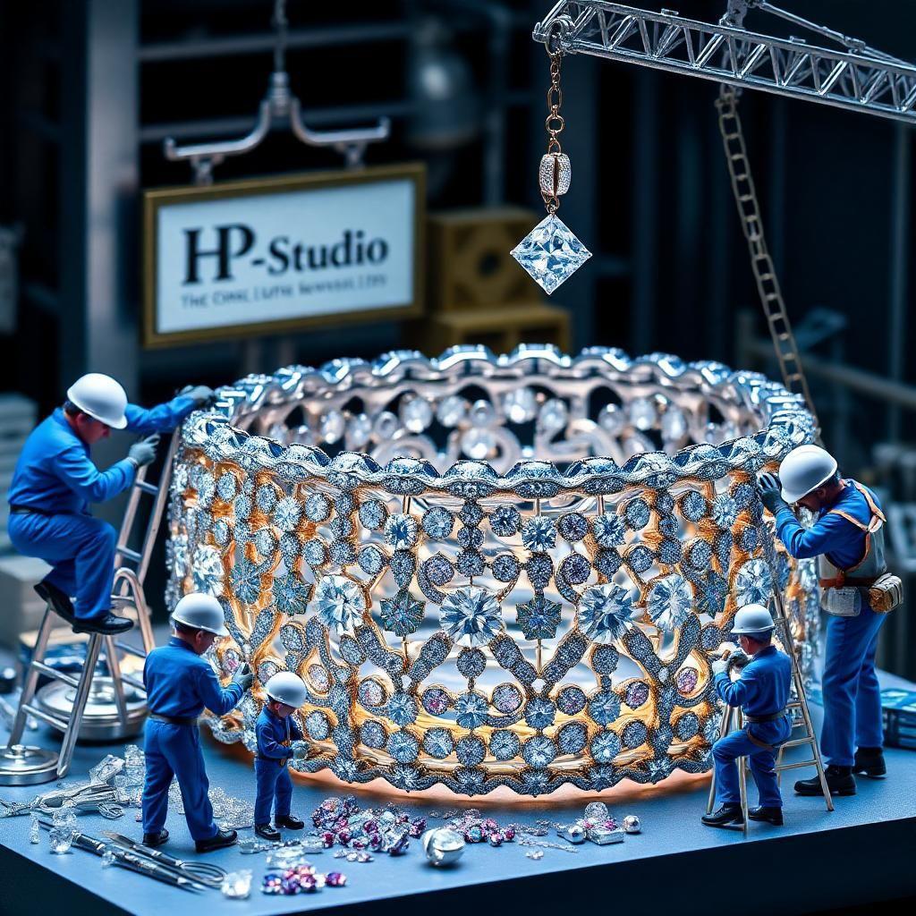 A luxurious oversized platinum bracelet, featuring an intricate lattice of diamonds and rare gemstones, is the focal point of a high-energy miniature workshop. ((Light dances off each stone, making the masterpiece glow. Skilled artisans in blue uniforms and white helmets bring it to life—polishing, engraving, welding, and guiding diamonds into place. A worker climbs a ladder to enhance its brilliance, while another hangs from a rope, engraving delicate details.)) Jewelers meticulously work on its delicate links—one artisan solders a micro-hinge, ensuring seamless movement, while another polishes a shimmering diamond cluster. Suspended by a harness, a worker engraves fine filigree patterns onto the metal, adding depth to the design. A tiny crane lifts a dazzling gem, adding to the dynamic scene.” The "HP-Studio" brand name is subtly displayed on a billboard, reinforcing luxury and craftsmanship. This composition blends elegance, precision, and innovation in fine jewelry design.