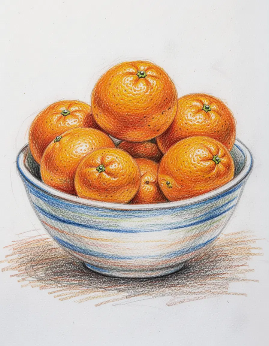 A vibrant colored pencil drawing of a bowl of oranges. Visible wax texture, layered shading with individual strokes apparent, and some white paper showing through the pigment. Not photorealistic—emphasizing the tactile feel of traditional colored pencils on heavy paper
